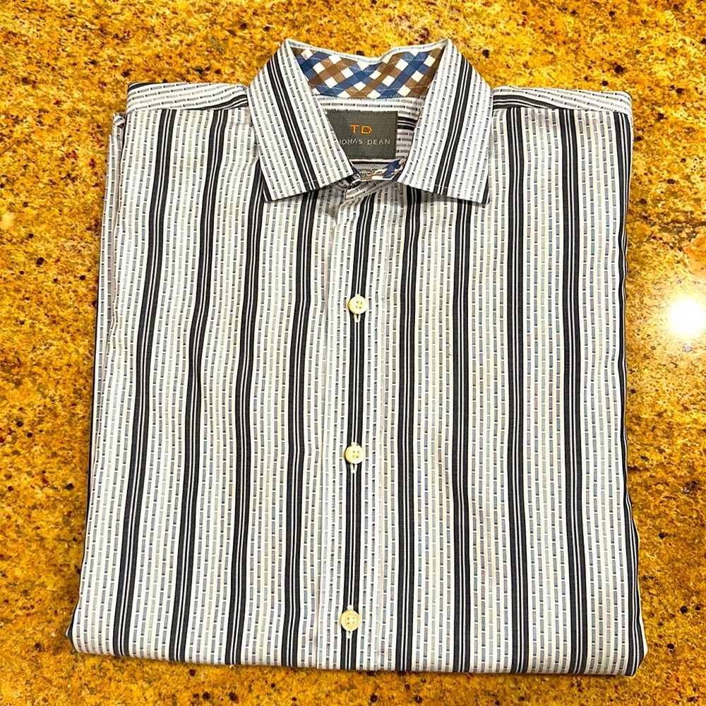 THOMAS DEAN BOYS BLUE & WHITE COTTON DRESS SHIRT WITH CONTRASTING NECK AND CUFFS